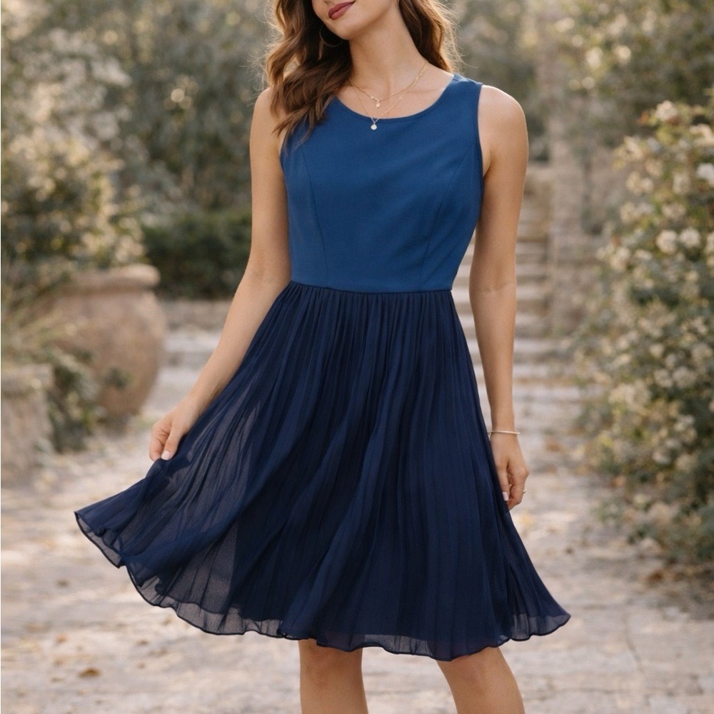 Ann Taylor Loft blue sleeveless pleated skirt A-line dress ❤️
